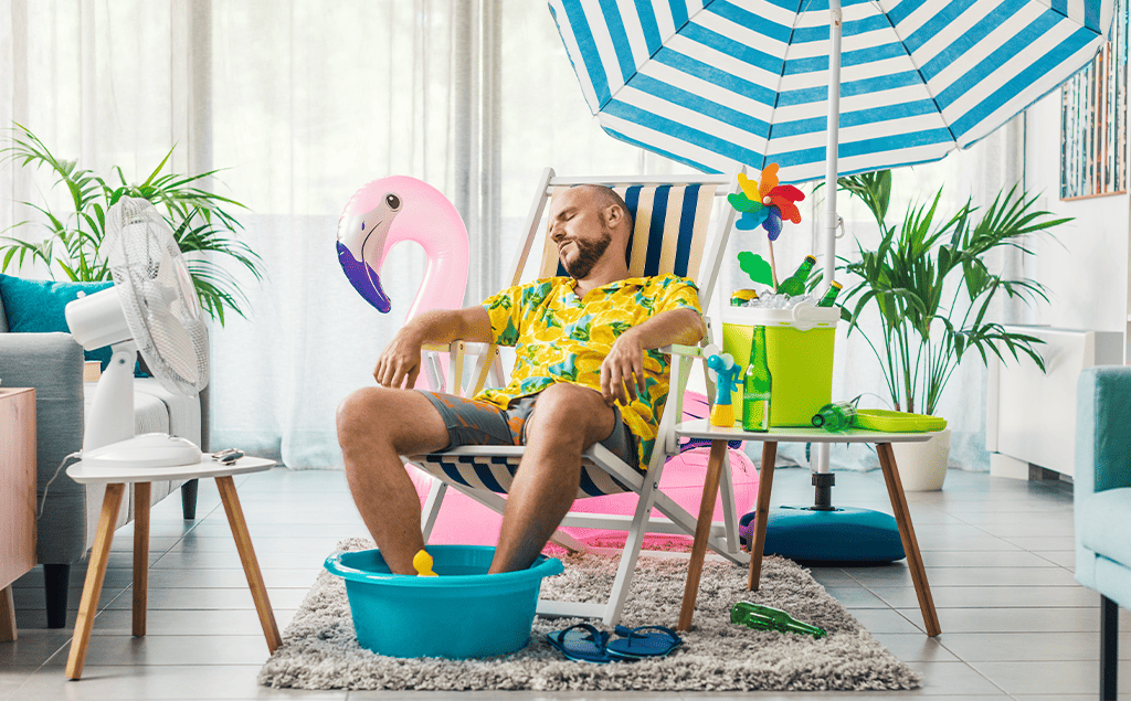 man, flamingo, parasol summer concept