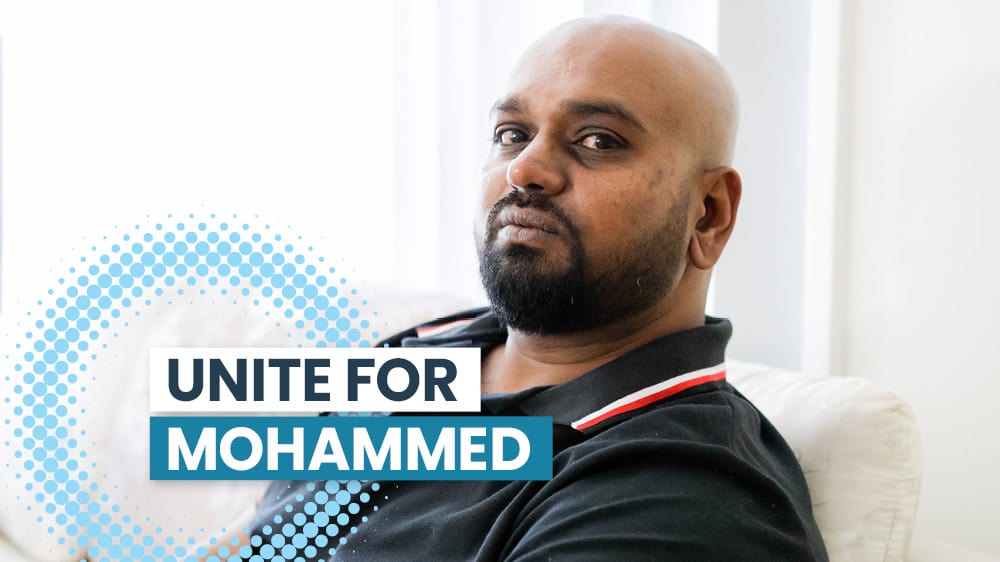 unite for mohammed, Mohammed sitting on a white sofa