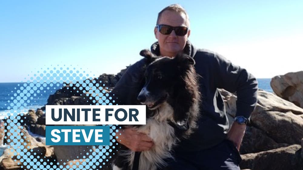 Unite for Steve, with his dog by the ocean