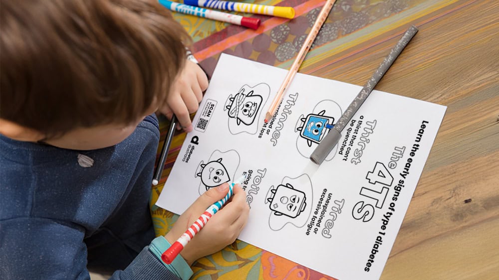 Child colouring in 4Ts colouring sheet