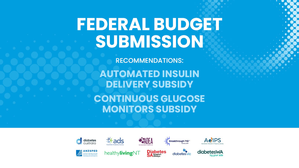 "Federal Budget Submission recommendations: Automated Insulin Delivery subsidy and continuous glucose monitoring subsidy" is written with white ink on a blue background with logos of joint stakeholders displayed