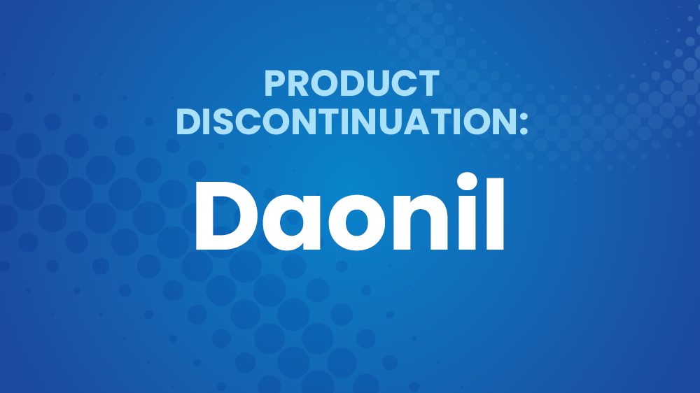 Blue background with the words Product Discontinuation: Daonil