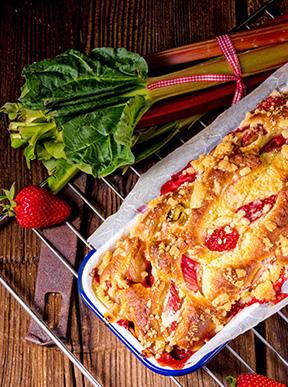 Apple and rhubarb crumble on a cooling rack