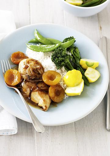 Apricot chicken with steamed vegetables and rice