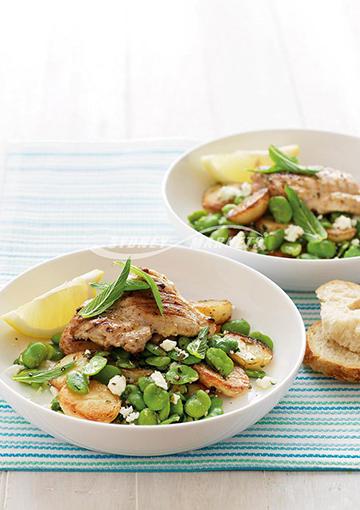 feta with chicken and broad beans and potatoes