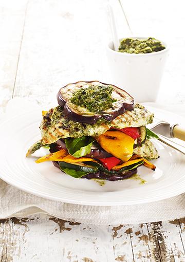 veggie stack with chicken and topped with salsa verde