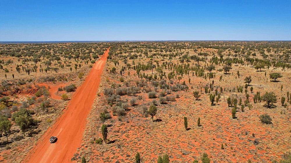 Ariel view of a dusty road in a remote area of Northern Territory