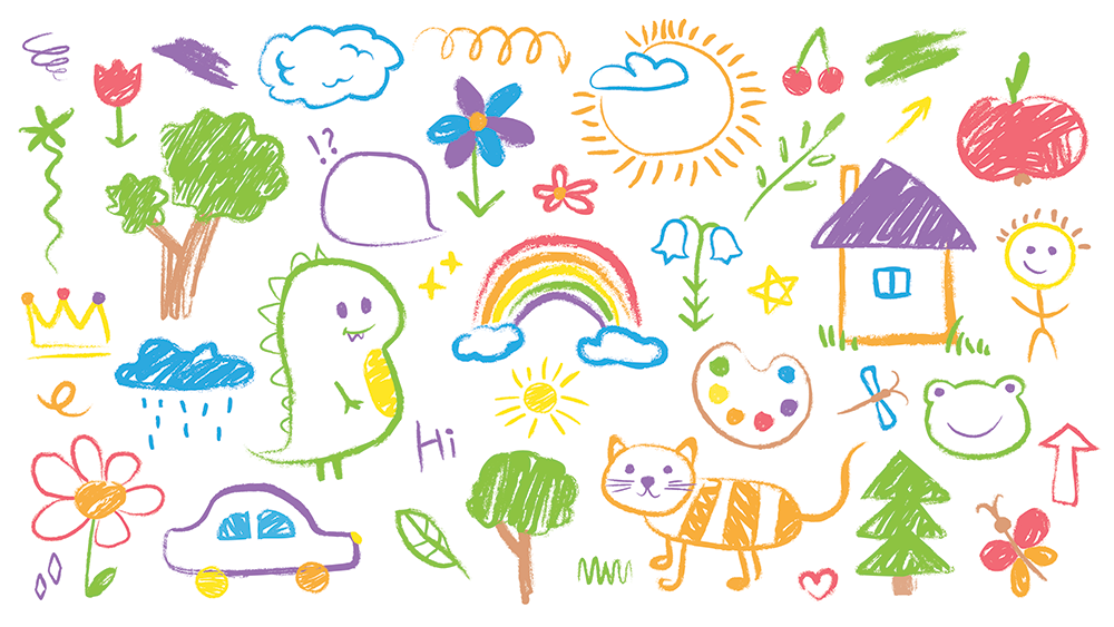 Colourful hand drawn doodle style sketches from a child