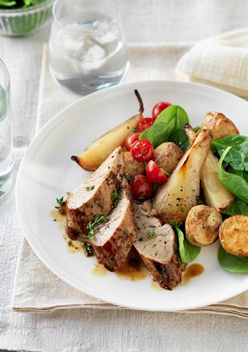 Honey mustard pork with pear salad and potatoes