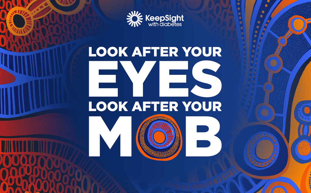 KeepSight advert with blue, red and orange aboriginal art design