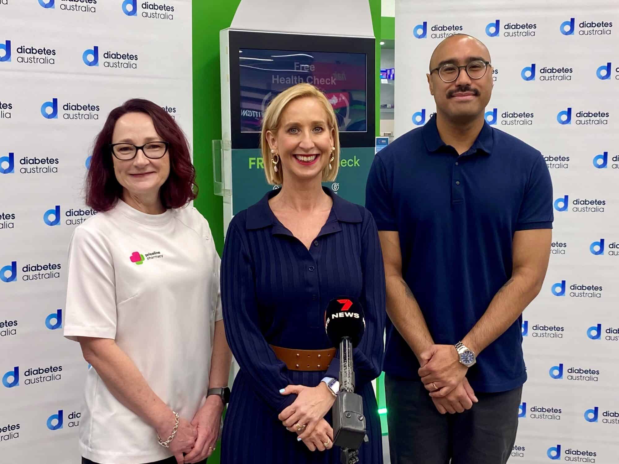 Priceline Pharmacy National Pharmacy Support Manager, Mel Gannon, Diabetes Australia Group CEO Justine Cain, and Lee Chinprahust, 34, who was diagnosed with type 2 diabetes at 29.