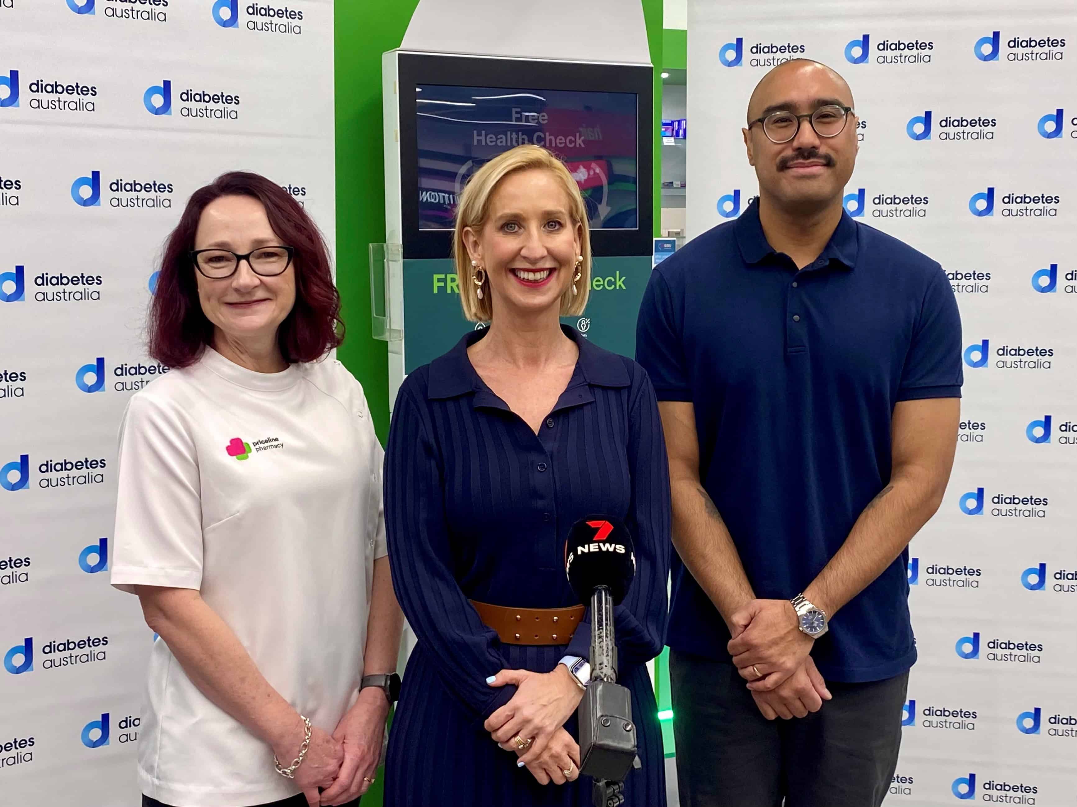 Priceline Pharmacy National Pharmacy Support Manager, Mel Gannon, Diabetes Australia Group CEO Justine Cain, and Lee Chinprahust, 34, who was diagnosed with type 2 diabetes at 29.