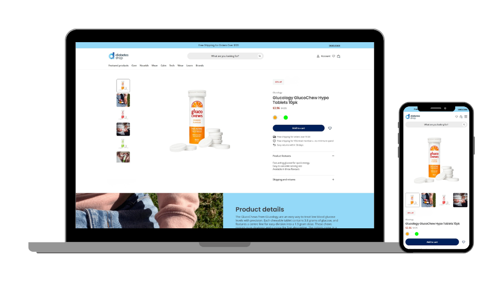 Laptop and mobile mock up of the new Diabetes Shop Product page as an example