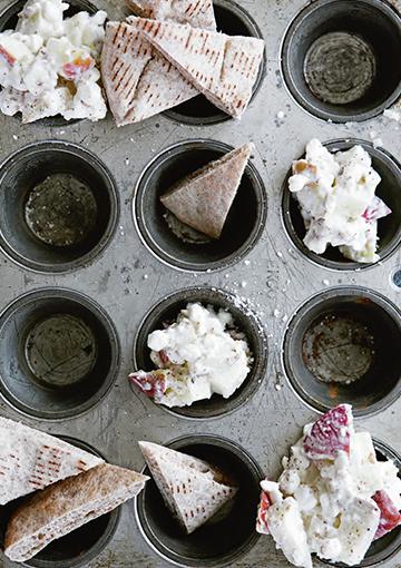 cottage cheese, pita and apple in a muffin tray