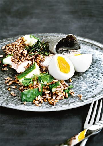 salmon with cucumber and parsley salad and an egg