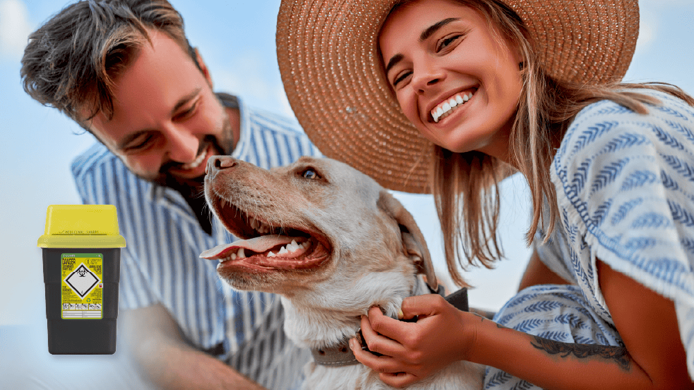 Couple with dog, with sharps container shown