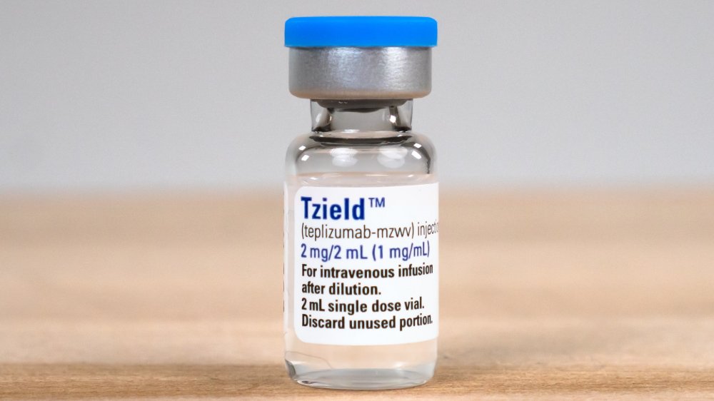 A vial of Tzield solution prior to administration.