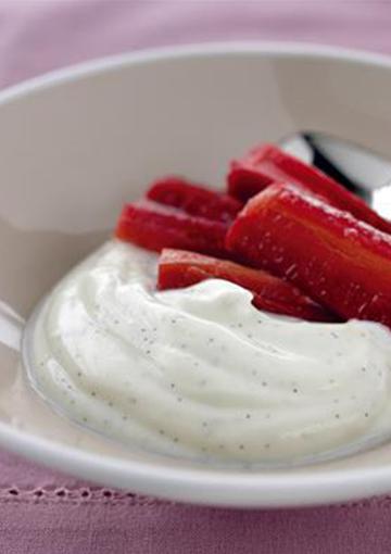 Poached Rhubarb with vanilla bean yoghurt in a bowl