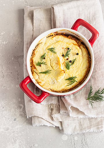 Vegetarian shepherd's pie in serving bowl