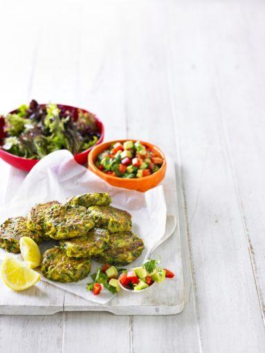 zucchini lentil and curry fritters with a salad and capsicum salsa