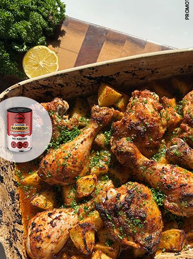 Chicken bake in a tray, with Mingle sponsorship overlay