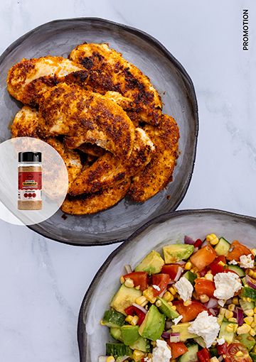 BBQ chicken tenders with rainbow salad on a plate, with Mingle seasoning overlay