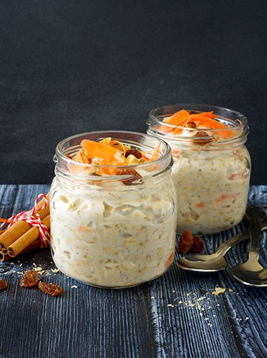 Carrot cake bircher in a jar, ready to serve