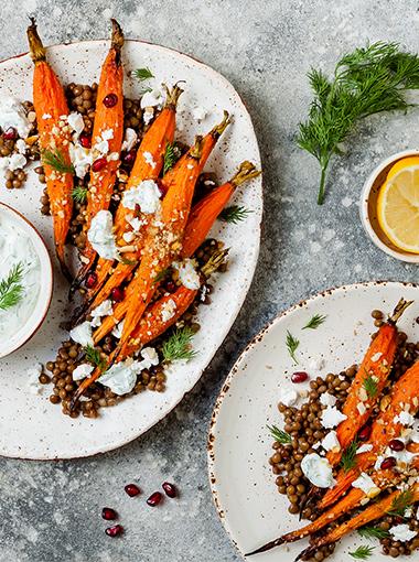 Carrot Salad with lentils feta and pomegranate seeds