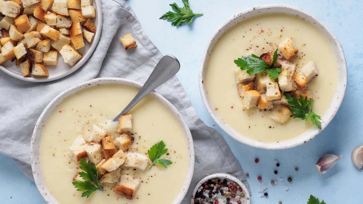 chicken and split pea soup with cauliflower topped with coriander