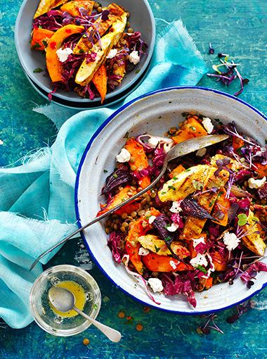 Chicken Lentil Salad with feta and mustard dressing