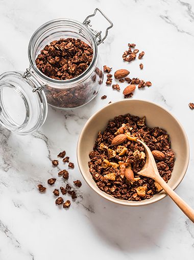 Chocolate granola in a bowl, ready to eat