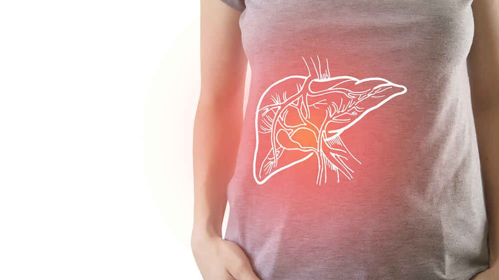 Digital composite of painful liver of woman highlighted red