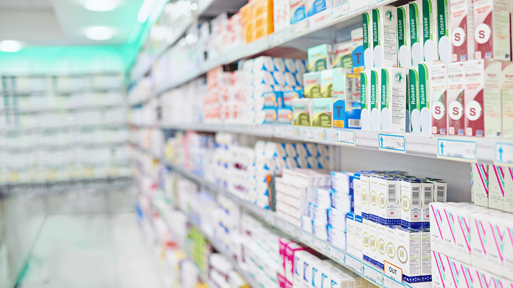 Shelves of medications in chemist