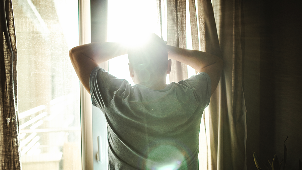 man looking out of the window at dawn