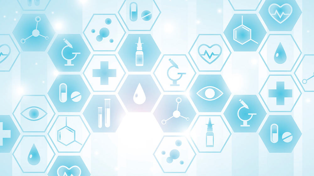 medical icons on pale blue background
