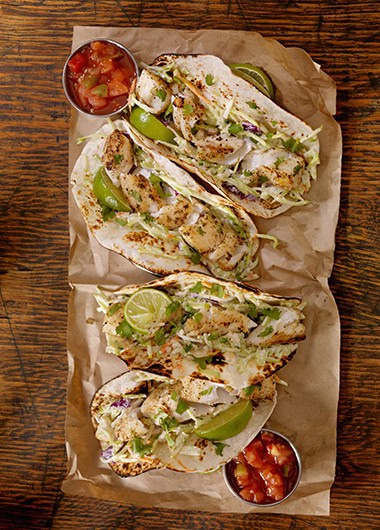 Grilled Fish Tacos with Creamy coleslaw, Lime and Fresh Cilantro