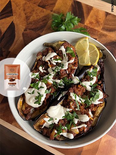 Morrocan stuffed eggplant in a bowl with Mingle brand overlay