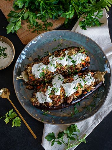 Moroccan stuffed eggplants on a plate, ready to serve