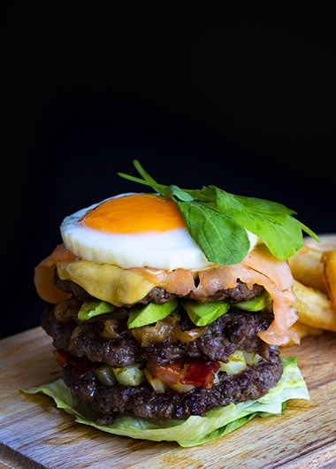 Cheeseburger and Roast Beef and Eggs with French Fries