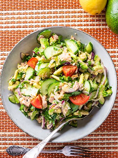 Tuna chickpea salad in a bowl, ready to serve