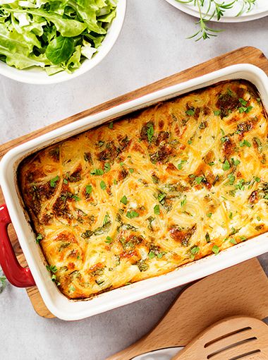 Tuna veggie bake sitting in oven dish, ready to be served