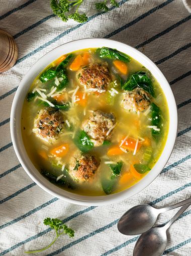 Turkey meatball and vegetable soup in a bowl, ready to serve